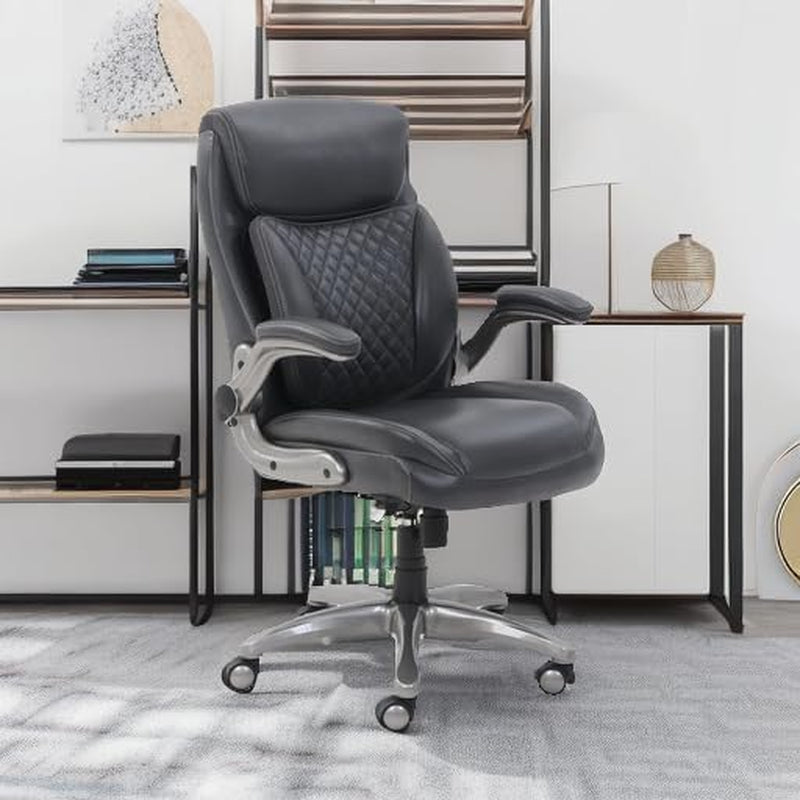 Ergonomic Desk Office Chair, Flip-Up Armrests, Adjustable Height, Grey Leather-1