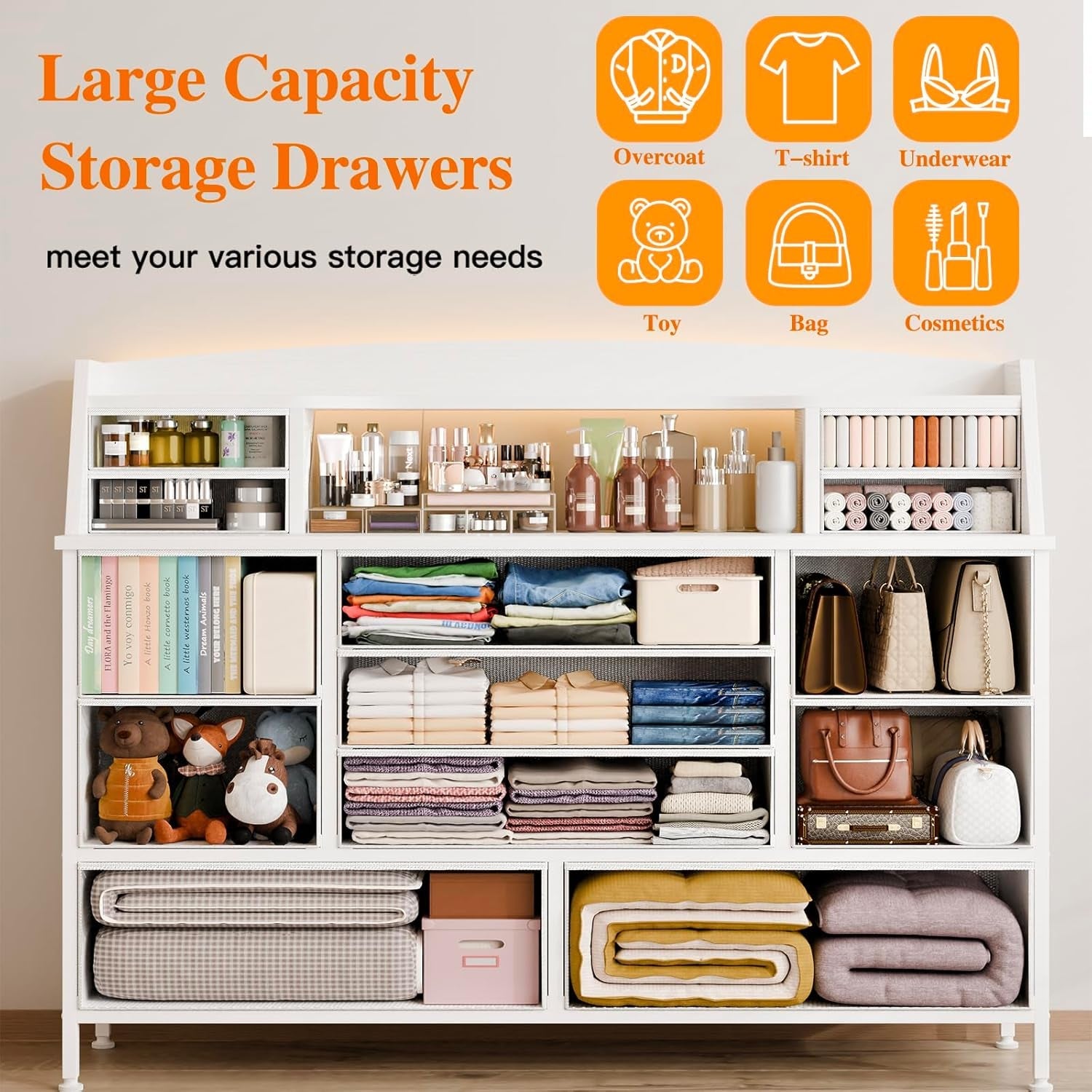 White Dresser for Bedroom with 13 Drawers, Fabric Chest of Drawers with PU Finish for Kids, Girls, Adults, Nursery, Living Room, Closet, Entryway, Hallway (No LED Lights)-2