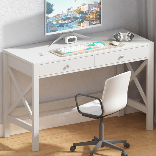 Computer Desk Study for Home Office, Modern Simple 40 Inches White Desk with Drawers, Makeup Vanity Console Table-0