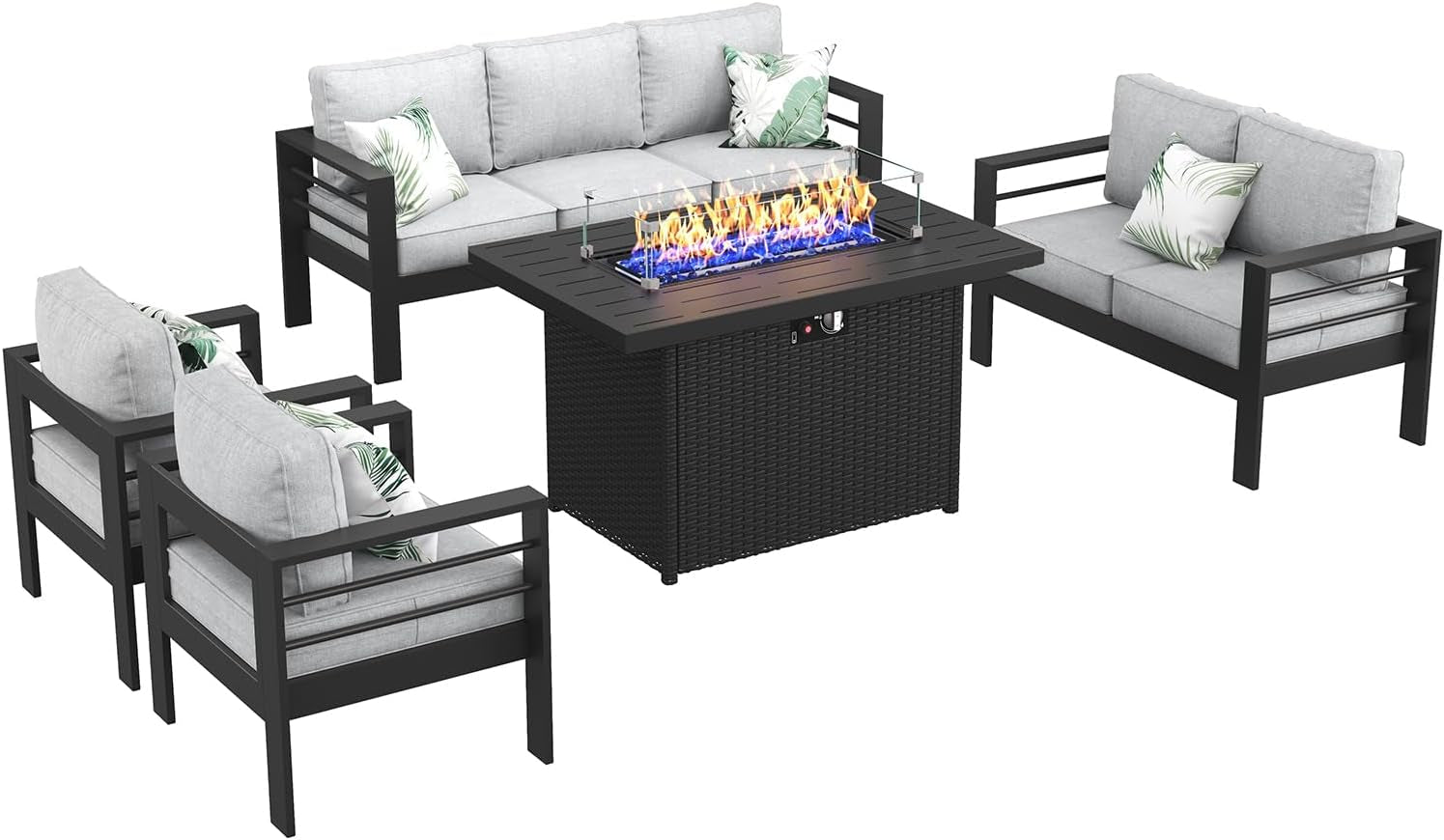 Aluminum Furniture Set with Fire Pit Table, 5 Pieces Patio Sectional Conversation Chat Sofa Modern Seating Set-1