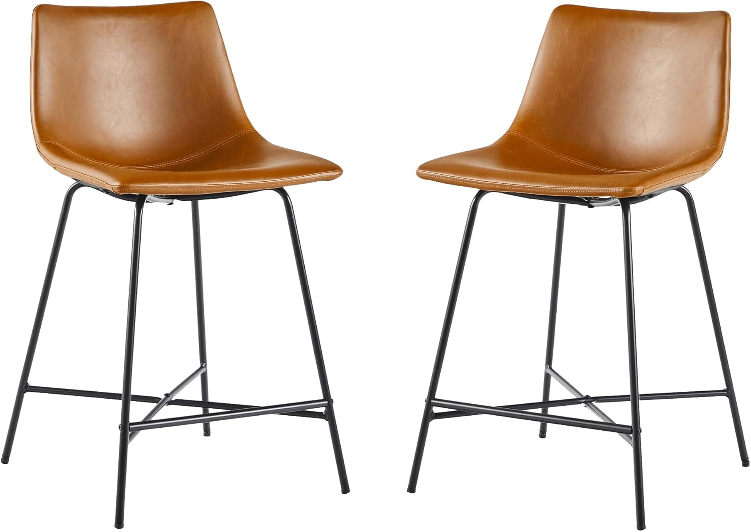 Modern Upholstered Faux Leather Armless Counter Stools with Powder-Coated Steel Base, Set of 2, Whiskey Brown-0