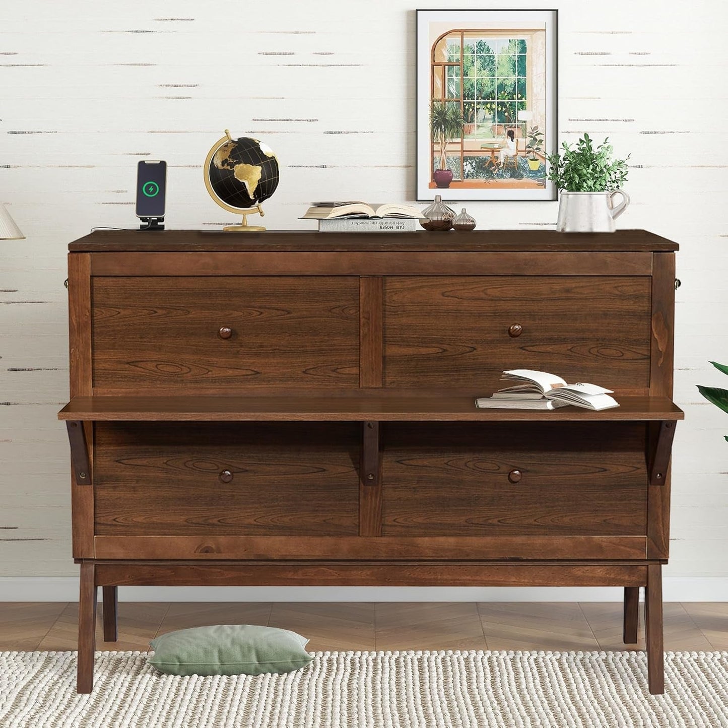 Walnut Queen Murphy Bed Desk Pull-Out Shelves-0