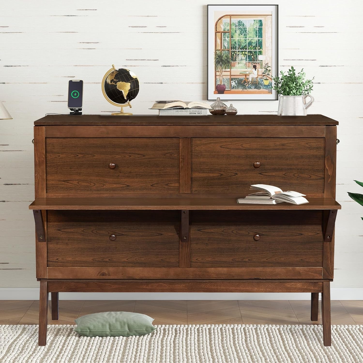 Queen Size Murphy Cabinet Bed with Desk and USB-Port-0