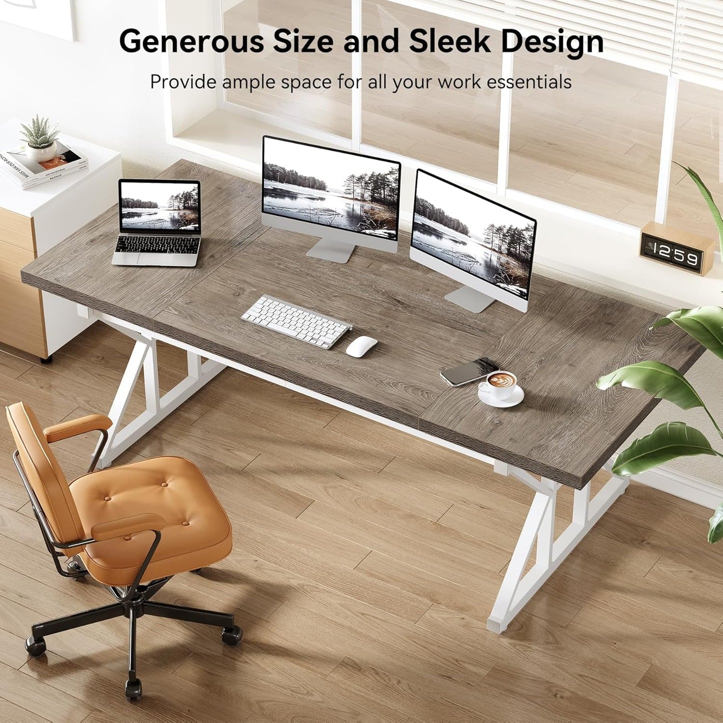 70.8-Inch Large Executive Desk, Modern Computer Office Desk, Wooden Writing Desk Study Table for Home Office, Grey-White-4