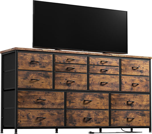60" TV Stand Dresser TV Stand with Charging Station TV Stands for Living Room Long Dresser for Bedroom TV Stand with 16 Drawers Storage TV Stand for Bedroom Dresser 51.1''W*11.8''D*34.8''H-0