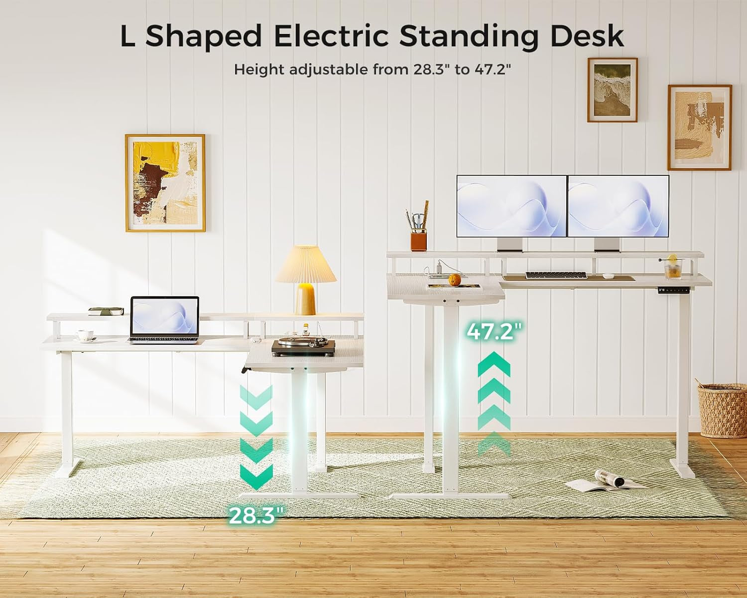 Electric L-Shaped Standing Desk, 59 Inch Height Adjustable Office Desk with Monitor Stand, Sit-Stand Desk with Power Outlets, Large Lift Table for Home, Office, Workstation, White-3