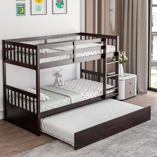 Twin over Twin Bunk Bed with Trundle, Convertible Platform Bed Frame with Ladder & Solid Wood Frame, Space-Saving Bunk Bed for Teens & Adults, No Box Spring Needed, Espresso-0