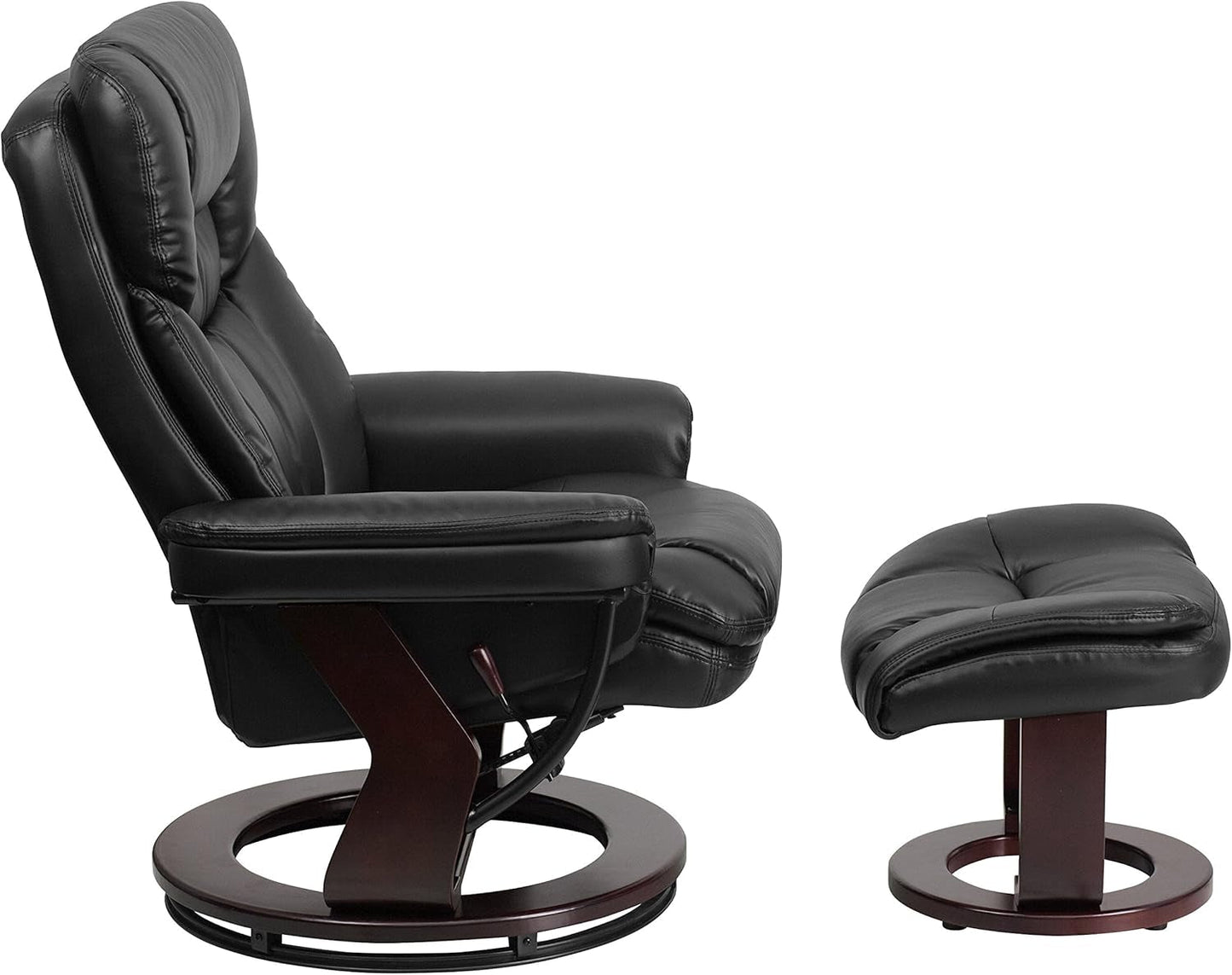 Allie Leathersoft Upholstered Recliner with Footrest, Arms, and Headrest, Padded Swivel Recliner Chair and Ottoman Set, Black-4