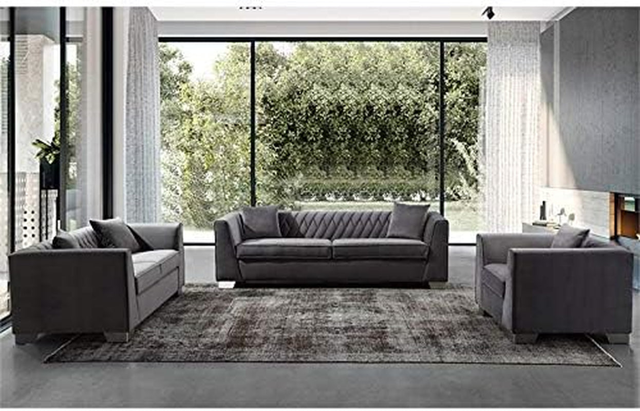 Cambridge Living Room Set in Brushed Stainless Steel and Grey Velvet-4