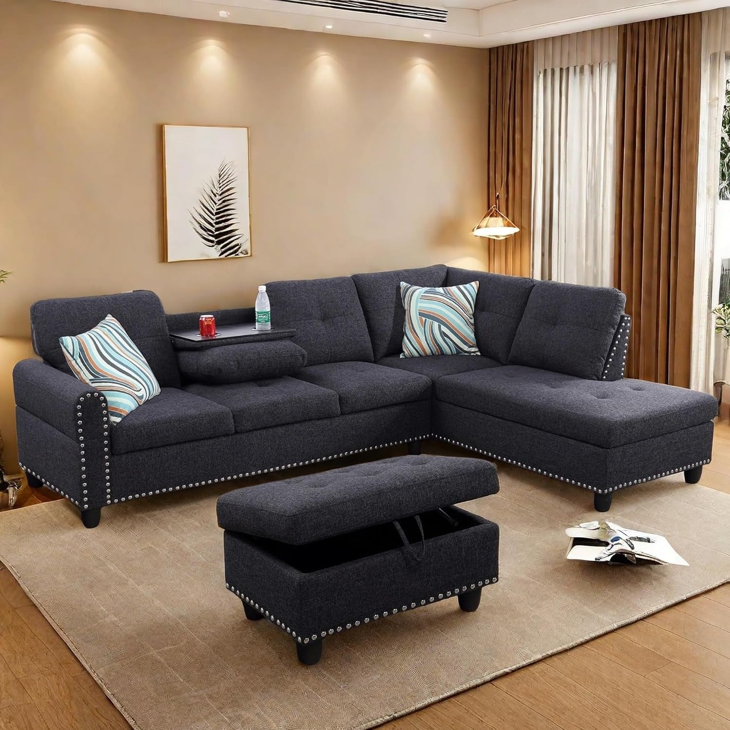 L Shaped Sectional Couch with Otttoman, 97" Sectional Sofa for Living Room Flannel Modular Couches with Cup Holders for Bedroom, Apartments, Black Grey-4