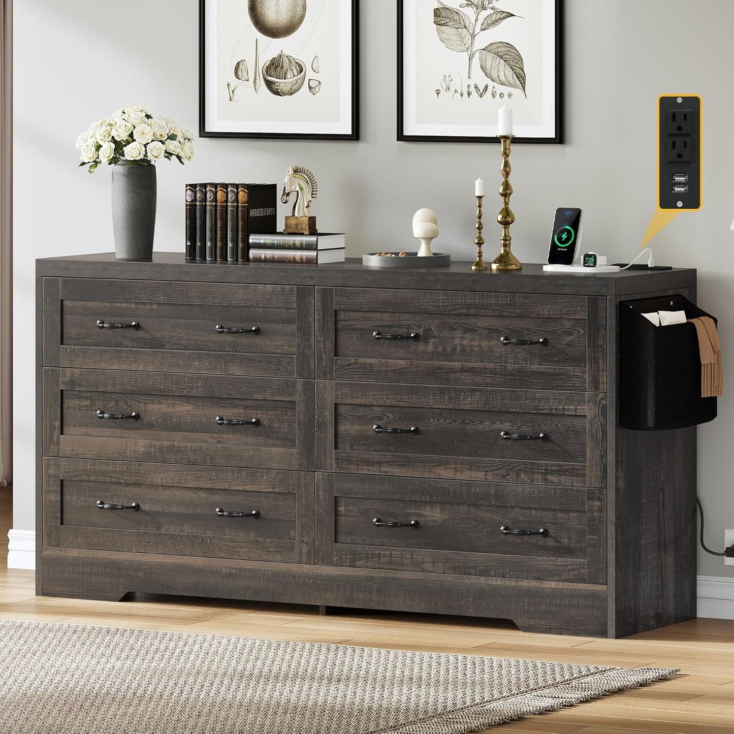 Farmhouse 6 Drawer Dresser for Bedroom, 31.5 Inch Tall Modern Dresser TV Stand with Large Drawers & Bar Handles, Storage Dressers with Power Outlets, Rustic Wood Chest of Drawers, Rustic Oak New-0