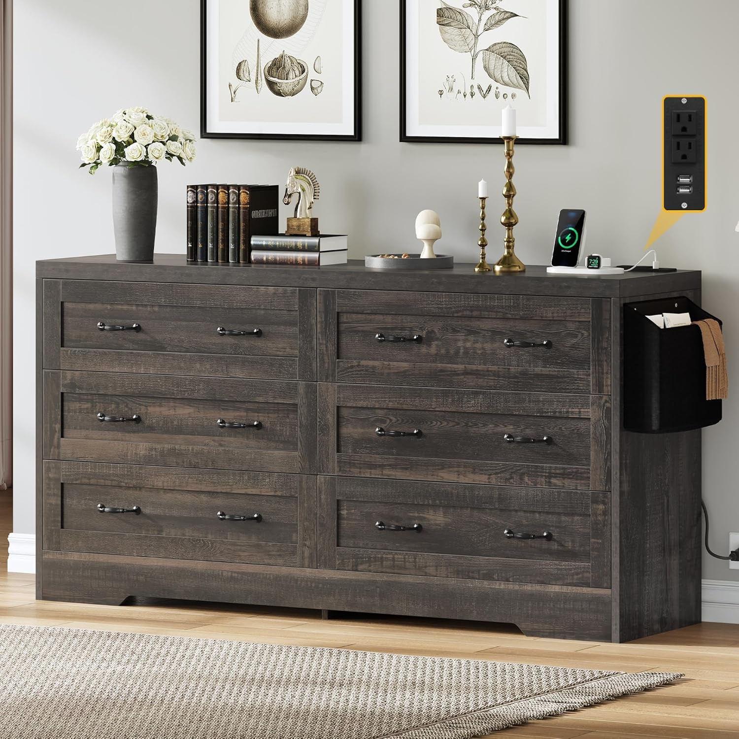 Farmhouse 6 Drawer Dresser for Bedroom, 31.5 Inch Tall Modern Dresser TV Stand with Large Drawers & Bar Handles, Storage Dressers with Power Outlets, Rustic Wood Chest of Drawers, Rustic Oak New-0