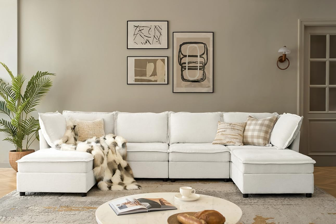127'' Modular Sectional Sofa, Oversized U Shaped Couch with Storage Ottoman, Extra Deep Seat, Modern Comfy Chenille Sofa with Chaise, 6 Seat Convertible Couches for Living Room, White-0
