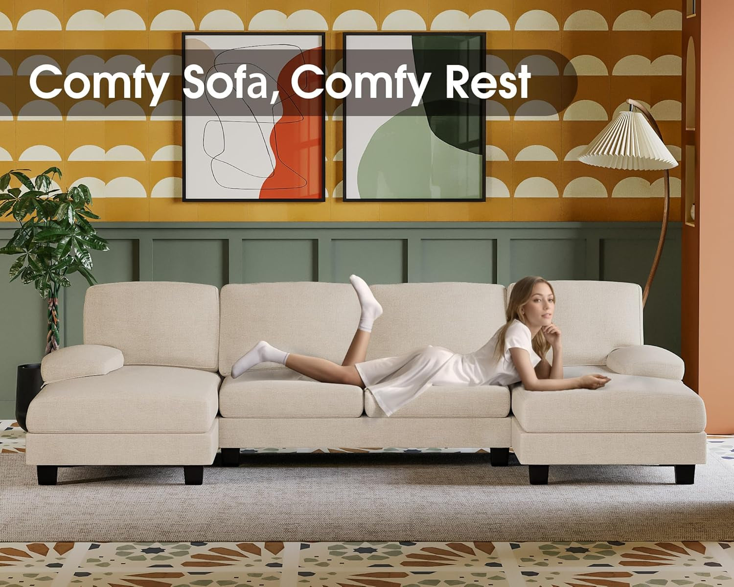 Sectional Couches for Living Room, U-Shaped Sofa Couch with Linen Fabric, 4 Seat Sofa Set with Double Chaise for Apartment (Fabric, White)-3