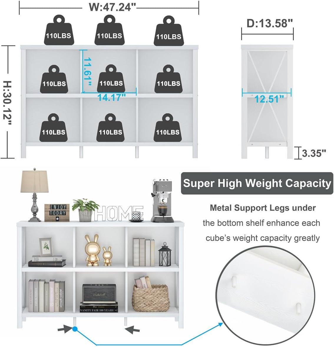 6 Cube Storage Organizer with Shelf, Long Wood and Metal Cubby Bookcase, Industrial Horizontal Bookshelf (White Oak, 47 Inch)-2