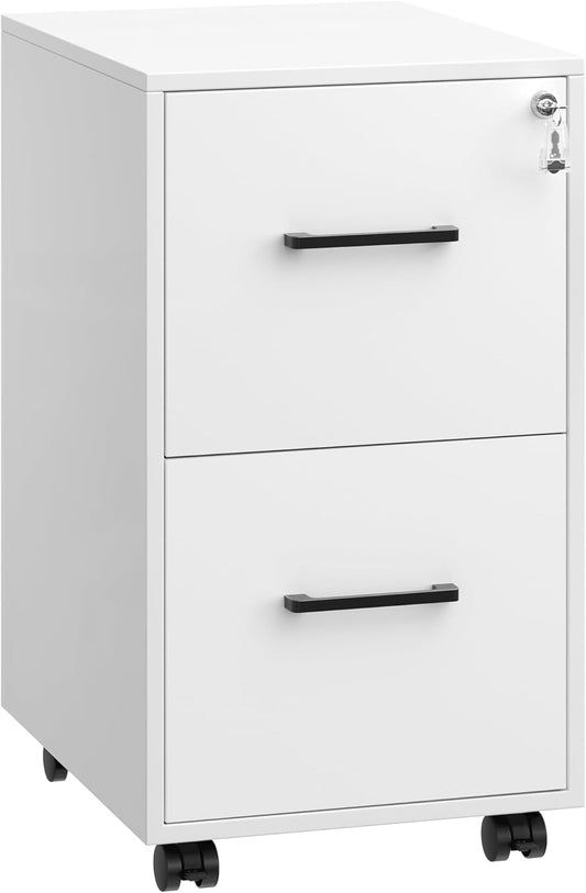 File Cabinet, Pre-Assembled except Wheels and Handles, Office Filing Cabinet with Lock, for A4, Legal, Letter Sized Documents, 17.7 X 14.4 X 25.4 Inches, Matte White UOFC112W01-0