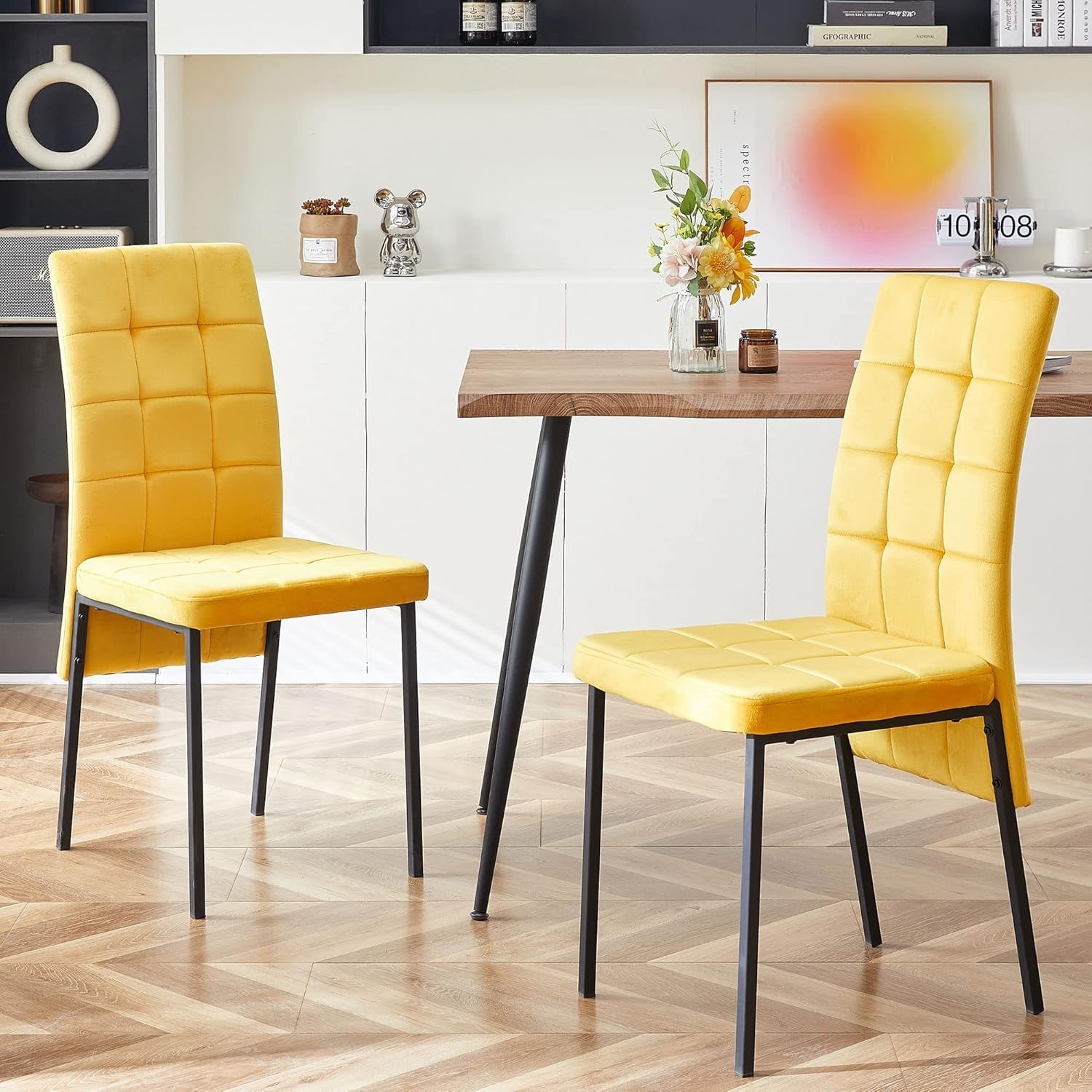 Upholstered Velvet Dining Chairs Classic Kitchen High Back Chairs Set of 2, Featured Dovetail Tufted Side Chairs, Black Metal Legs, Yellow-1