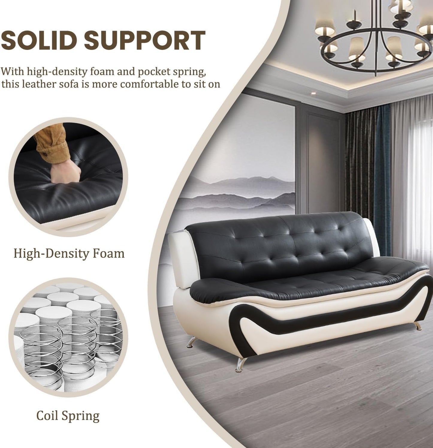 Faux Leather Sofa Couch Set, Living Room Sofa and Loveseat Set, Leather Couch and Loveseat Set for Living Room Office Home (2 Piece Leather Living Room Set, White&Black)-3