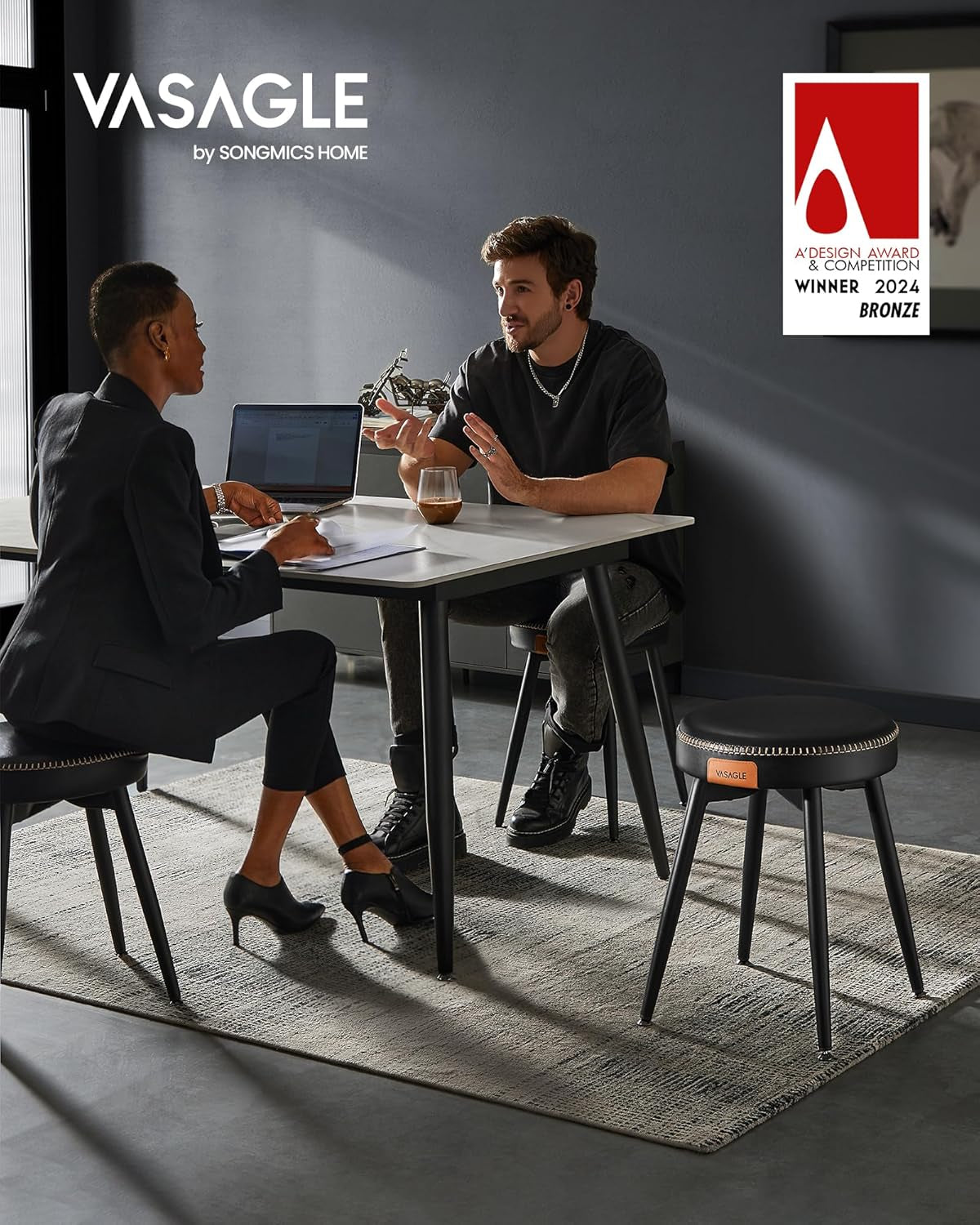 EKHO Collection - Dining Chairs Stools Set of 2, Upholstered Kitchen Stools, Vanity Stools, Synthetic Leather with Stitching, Mid-Century Modern, 19-Inch Tall, Easy Assembly, Ink Black-2