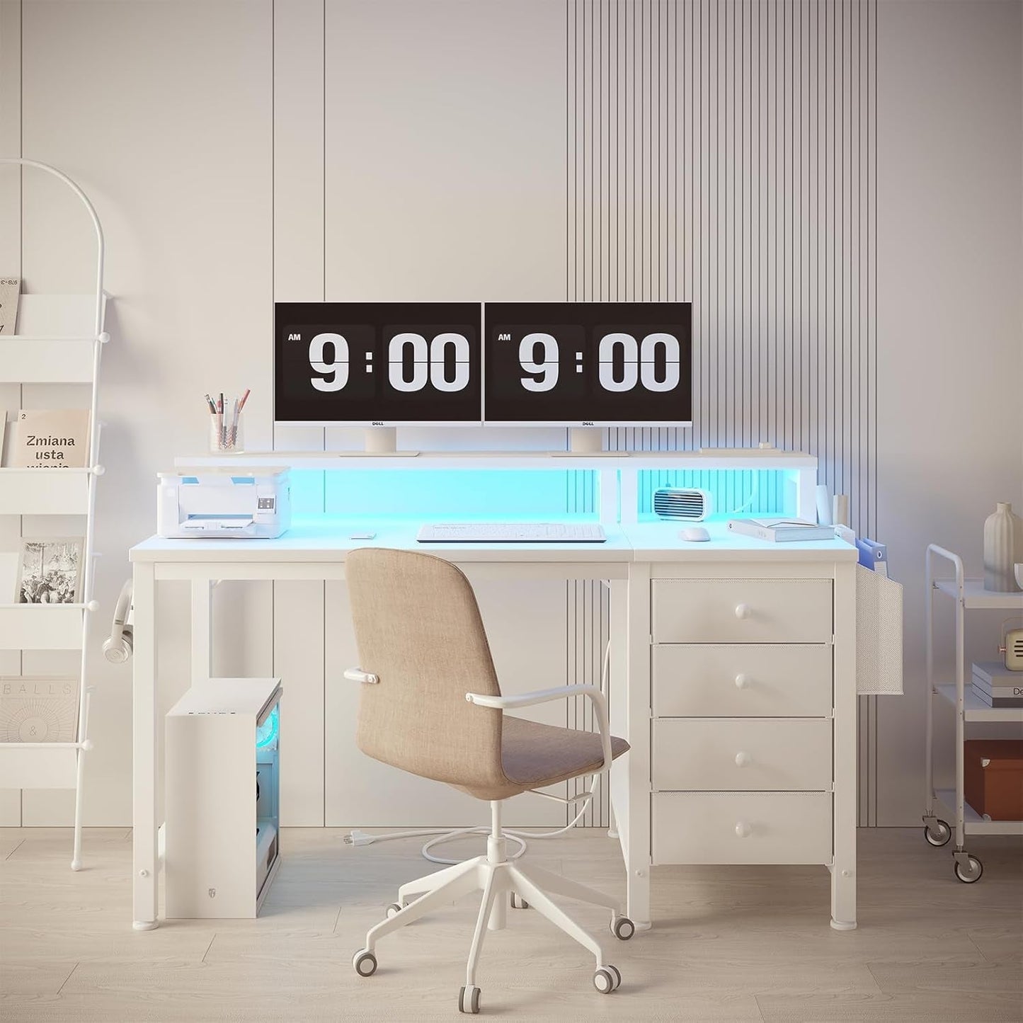 White Desk with 4 Drawers - 47 Inch Gaming Desk with Monitor Stand, Computer Gaming Desk with LED Lights Power Outlets and Storage Bag Fabric Drawer for Home Office, Bedroom, White-3