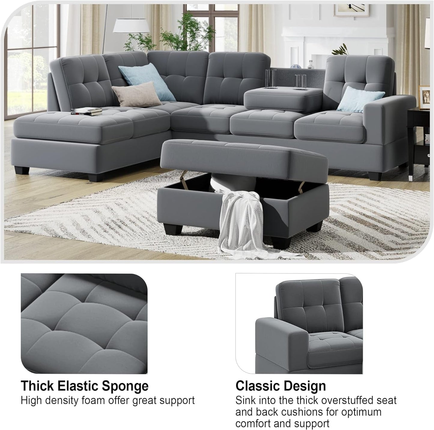 104Inch Sectional Sofas 3-Seat Sofa Sectional Sofa Couches with Reversible Chaise Storage Ottoman and 2 Cup Holders, Sofa Lounge and Ottoman for Living Room Furniture-3
