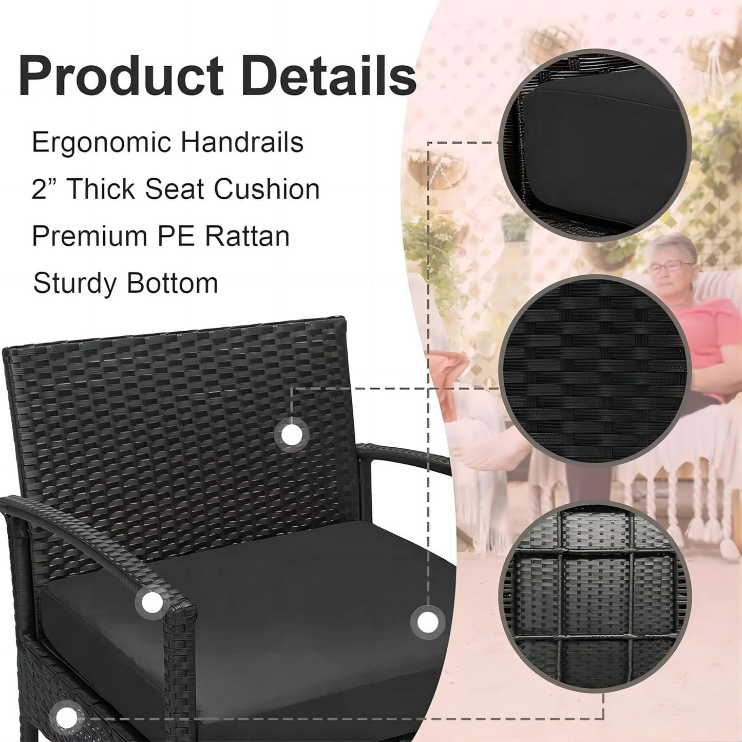 3 PCS Patio Rattan Conversation Chairs Set, Outdoor Patio Furniture Balcony Furniture Set, Wicker Patio Set for Garden Porch Balcony Yard, Black-1