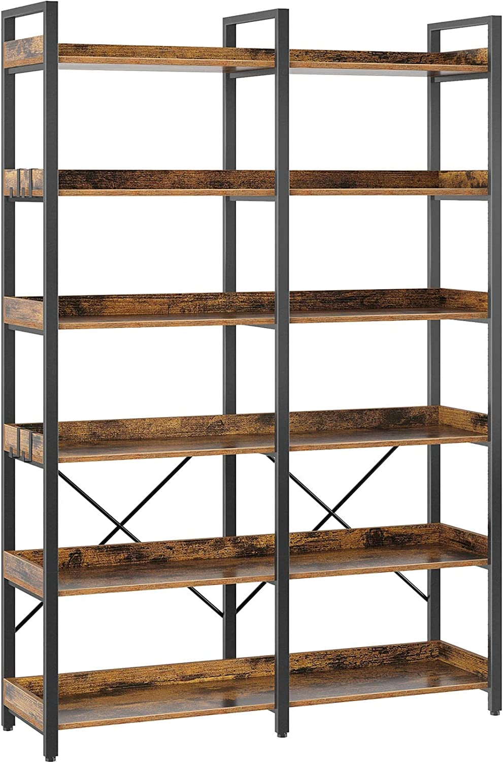Bookshelf 6 Tier with 4 Hooks, 67” Industrial Wooden Bookcase, Vintage Storage Rack with Open Shelves, Rustic Standing Bookshelves Metal Frame 43.3” Wide Display Rack, Rustic Brown-0