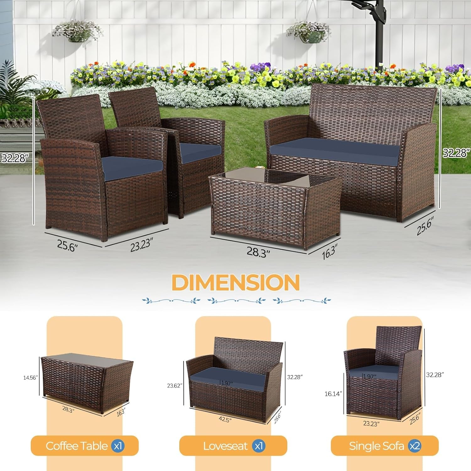 4 Piece Outdoor Patio Furniture Sets, Wicker Sectional Conversation Sofa Set, Rattan Table and Chairs and Loveseat with Cushions for outside Balcony Porch Backyard (Brown-Blue)-3