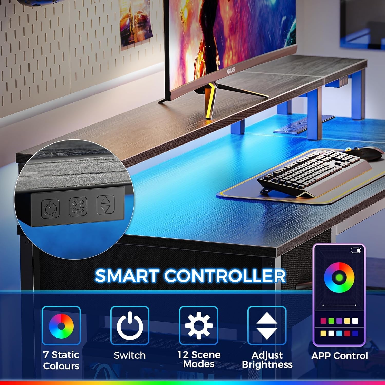 47 Inch Reversible L Shaped Desk with LED Lights & Power Outlets, Computer Desk with Shelves & Monitor Stand, Gaming Desk with Drawer, Home Office Desk Corner Desk, Grey-3