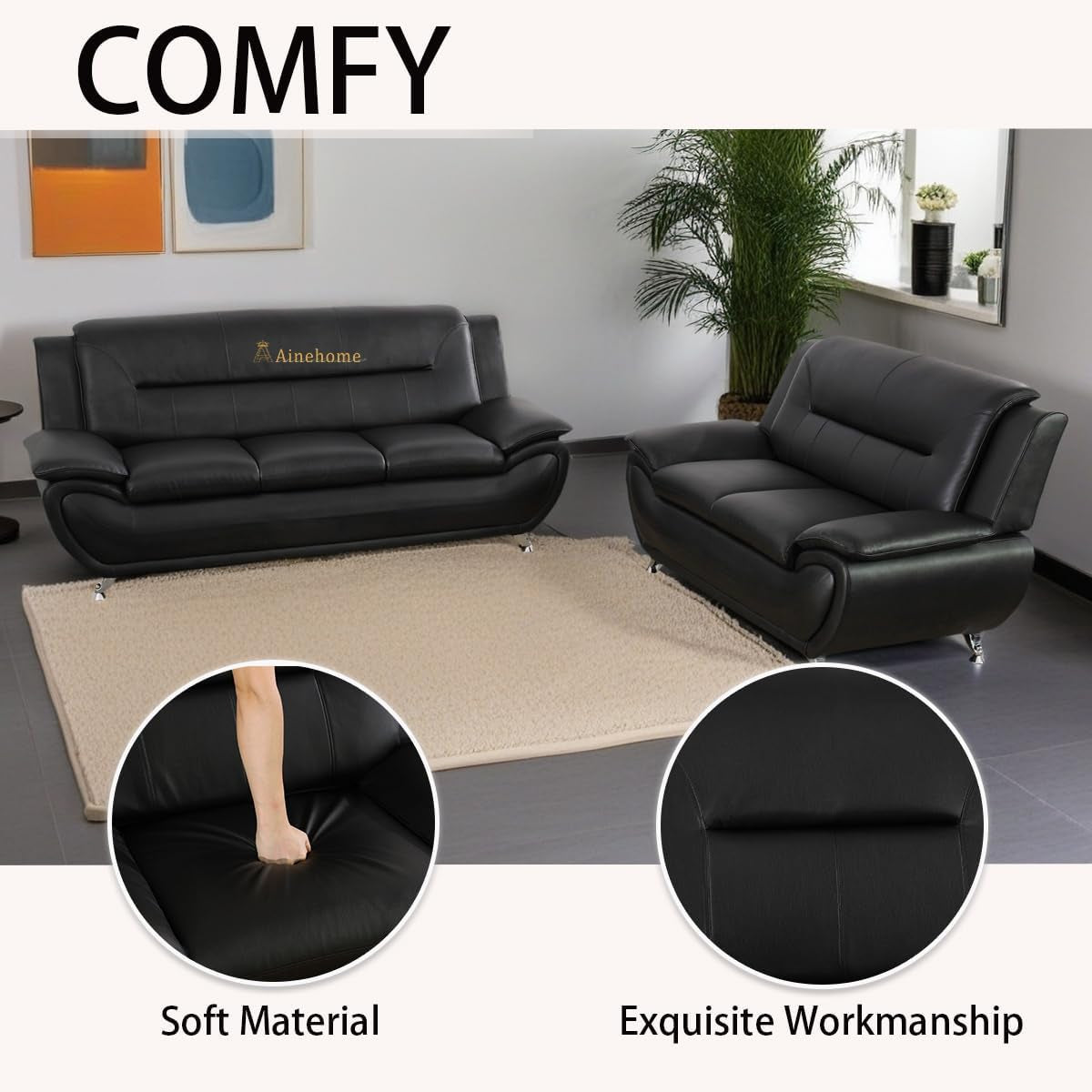 Sectional Sofa Sets, Living Room Furniture Sets Modern Faux Leather Sofa Couch 5-Seat Sofa for Living Room(A-Black, Sofa+Loveseat)-4