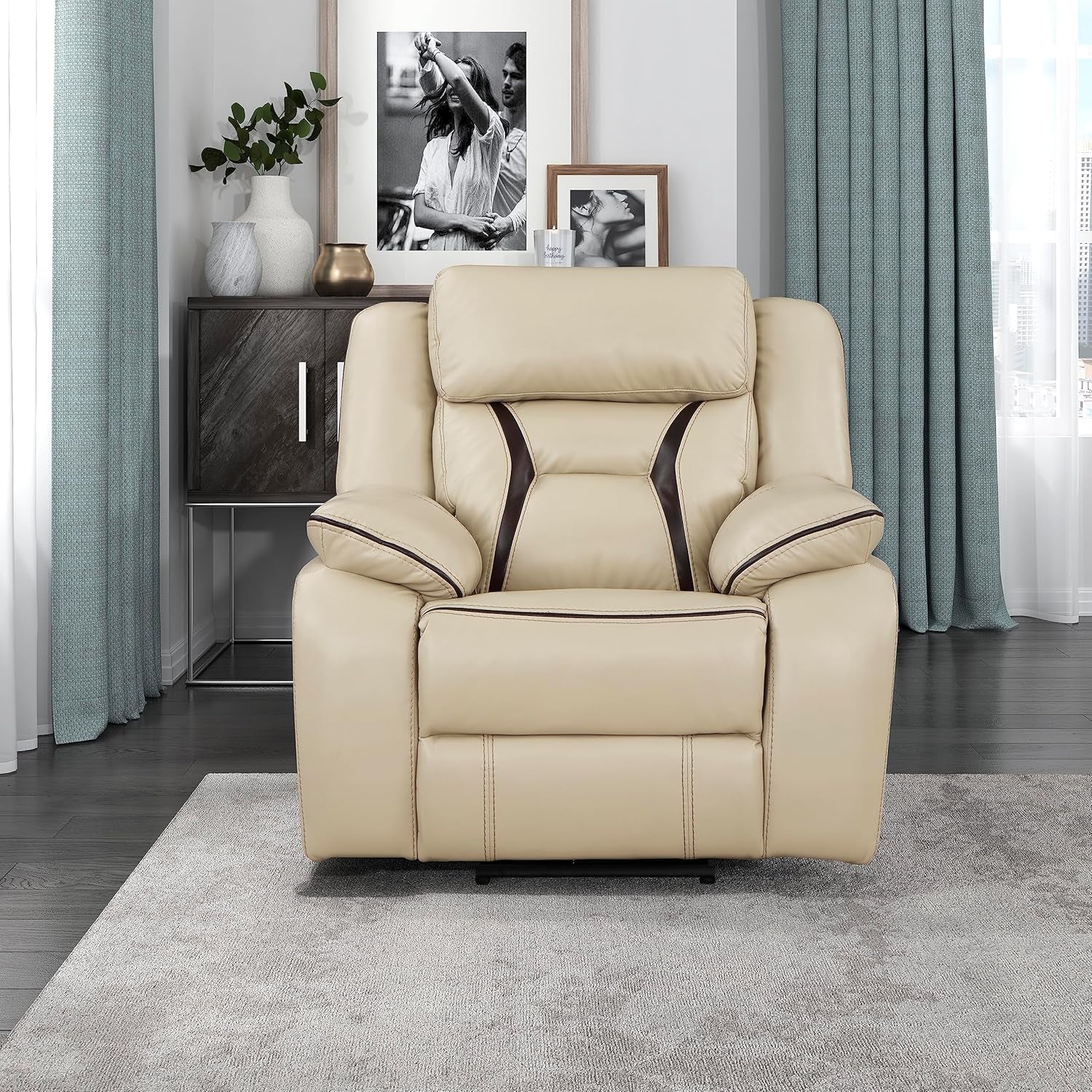 Recliner Chair, Home Theater Seating, Wall Hugger Recliners Power Recliner Chair for Living Room/Office/Apartment, Faux Leather Recliner with Pillow Top Armrests, Beige-1