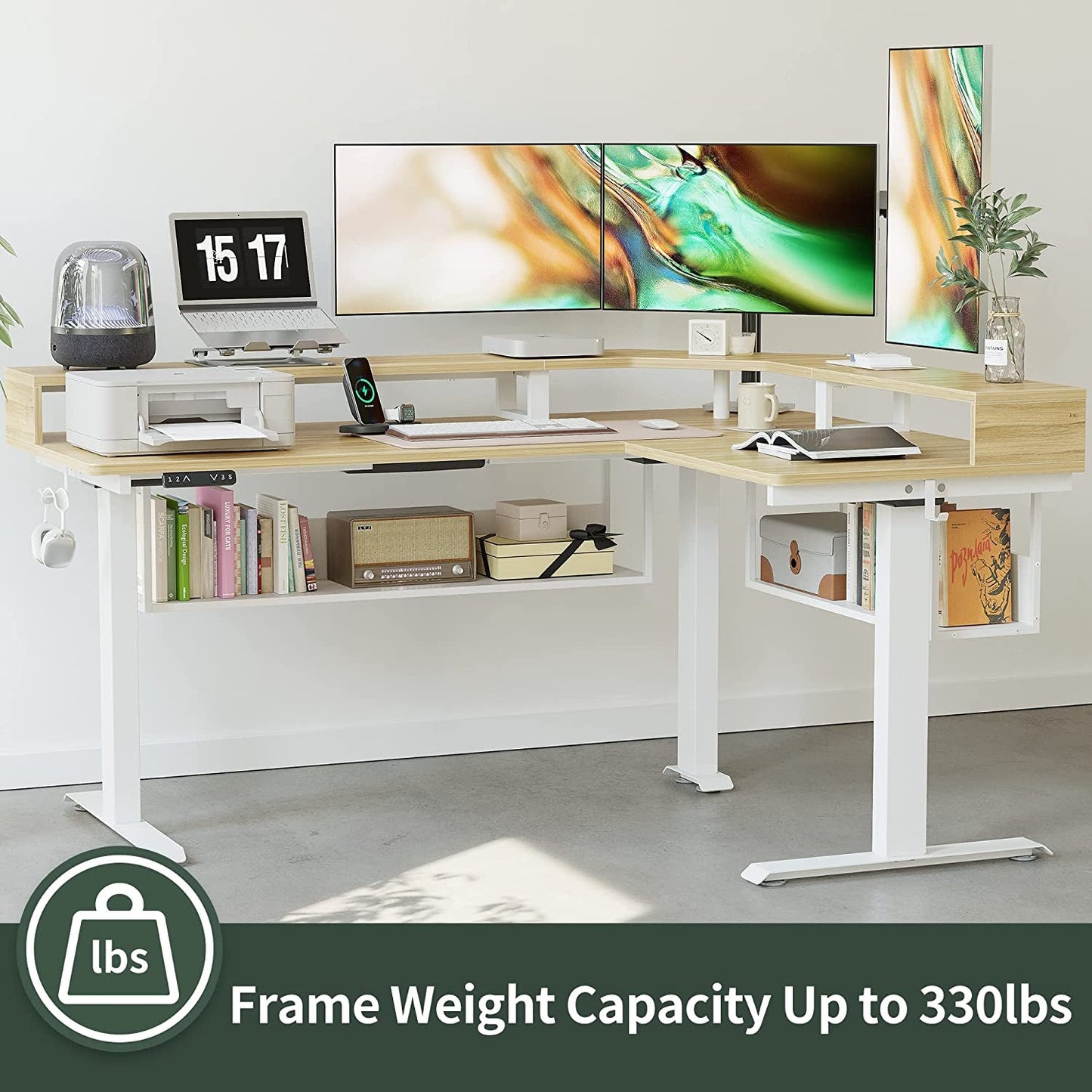 L-Shaped Standing Desk with Shelves, Triple Motors, Oak-3