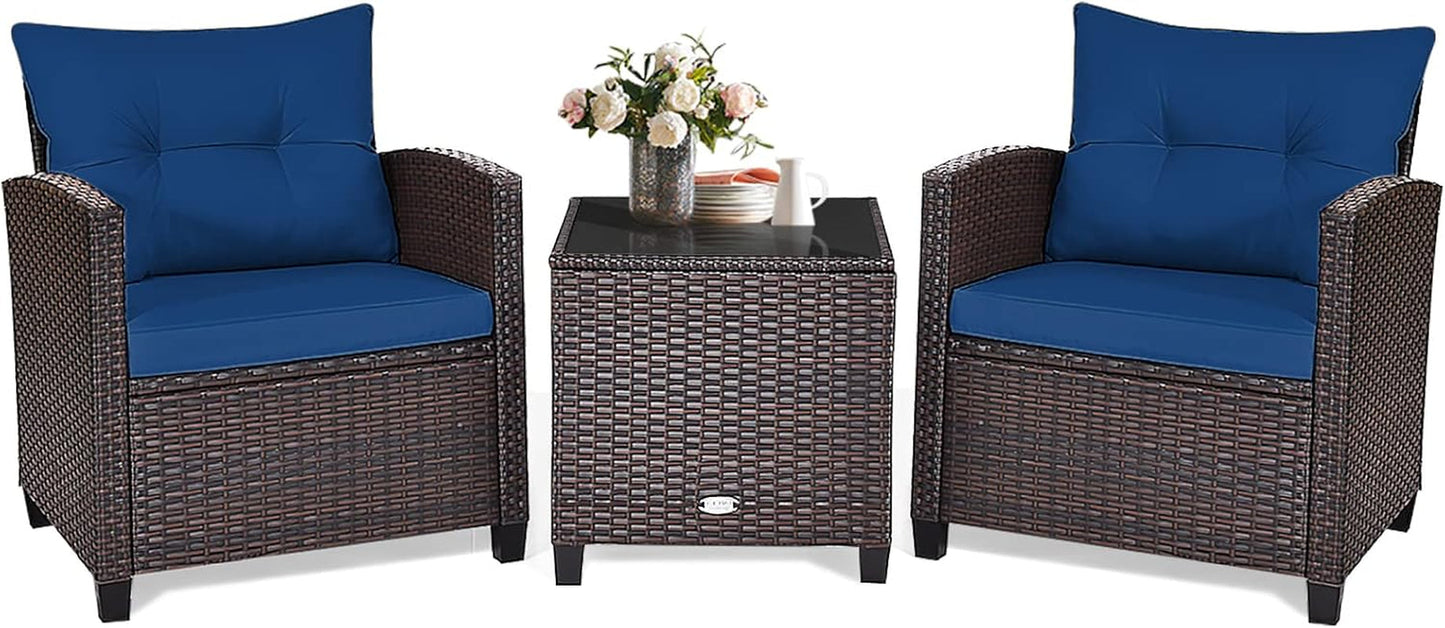 3 Piece Patio Furniture Set, Outdoor Conversation Set with Washable Cushions & Tempered Glass Tabletop, PE Rattan Wicker Bistro Set for Porch, Garden, Balcony (Navy Blue)-0
