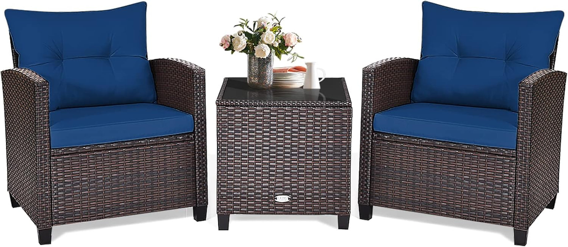 3 Piece Patio Furniture Set, Outdoor Conversation Set with Washable Cushions & Tempered Glass Tabletop, PE Rattan Wicker Bistro Set for Porch, Garden, Balcony (Navy Blue)-0
