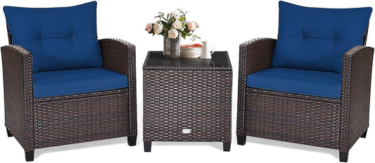 3 Piece Patio Furniture Set, Outdoor Conversation Set with Washable Cushions & Tempered Glass Tabletop, PE Rattan Wicker Bistro Set for Porch, Garden, Balcony (Navy Blue)-0