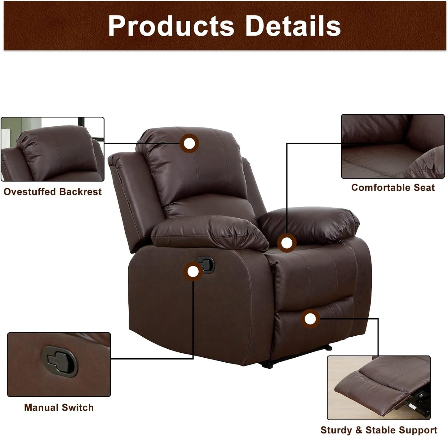 Luxury Recliner Sofa Living Room Set Reclining Sofa and Loveseat Chair Sets Living Room Furniture Sets Recliner Couches for Living Room/Office (A-Brown Leather, 3 Piece Set)-4