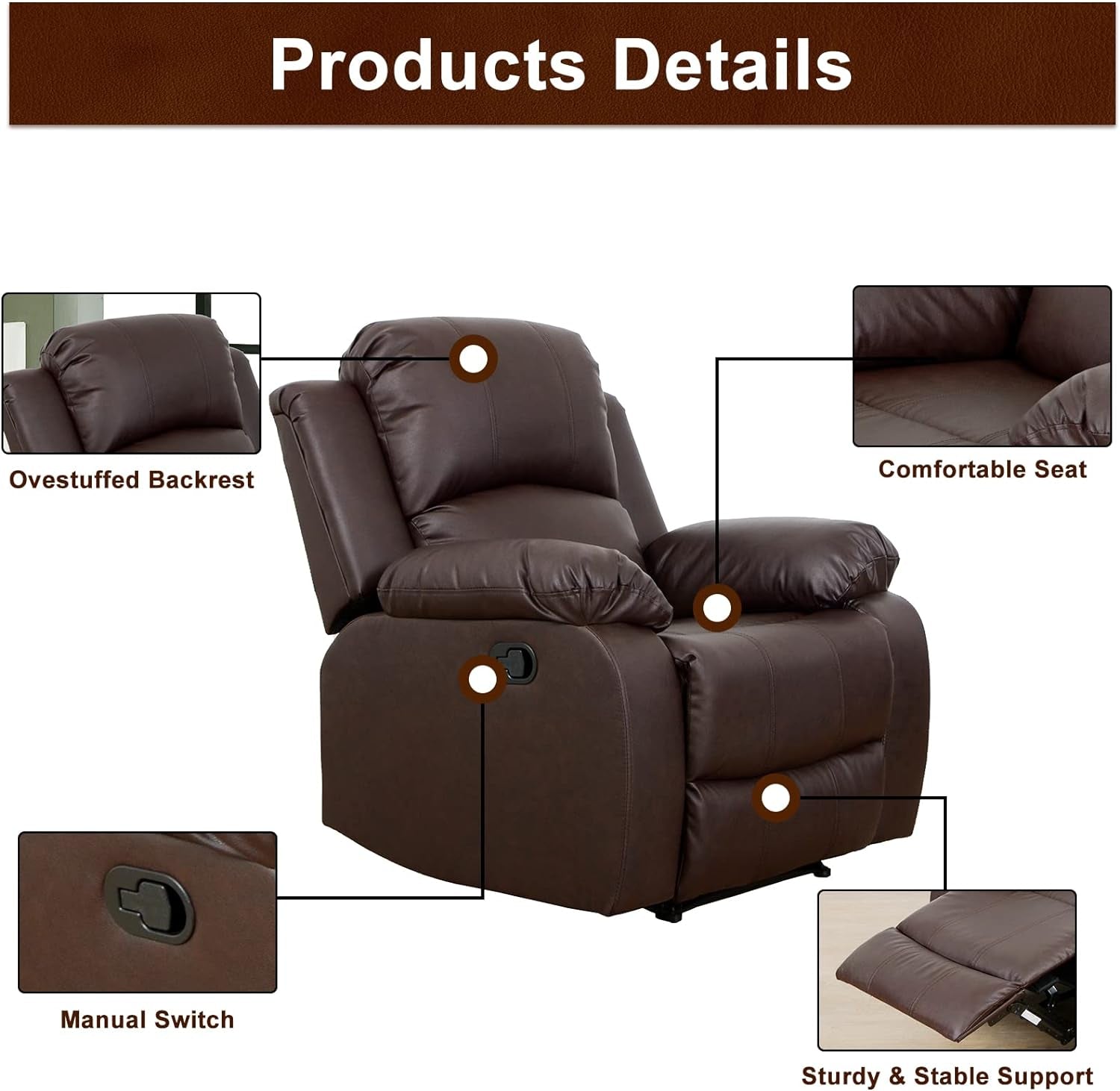 Luxury Recliner Sofa Living Room Set Reclining Sofa and Loveseat Chair Sets Living Room Furniture Sets Recliner Couches for Living Room/Office (A-Brown Leather, 3 Piece Set)-4