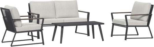 4 Piece Patio Furniture Set, Aluminum Conversation Set, Outdoor Garden Sofa Set with Armchairs, Loveseat, Center Coffee Table and Cushions, Cream White-0