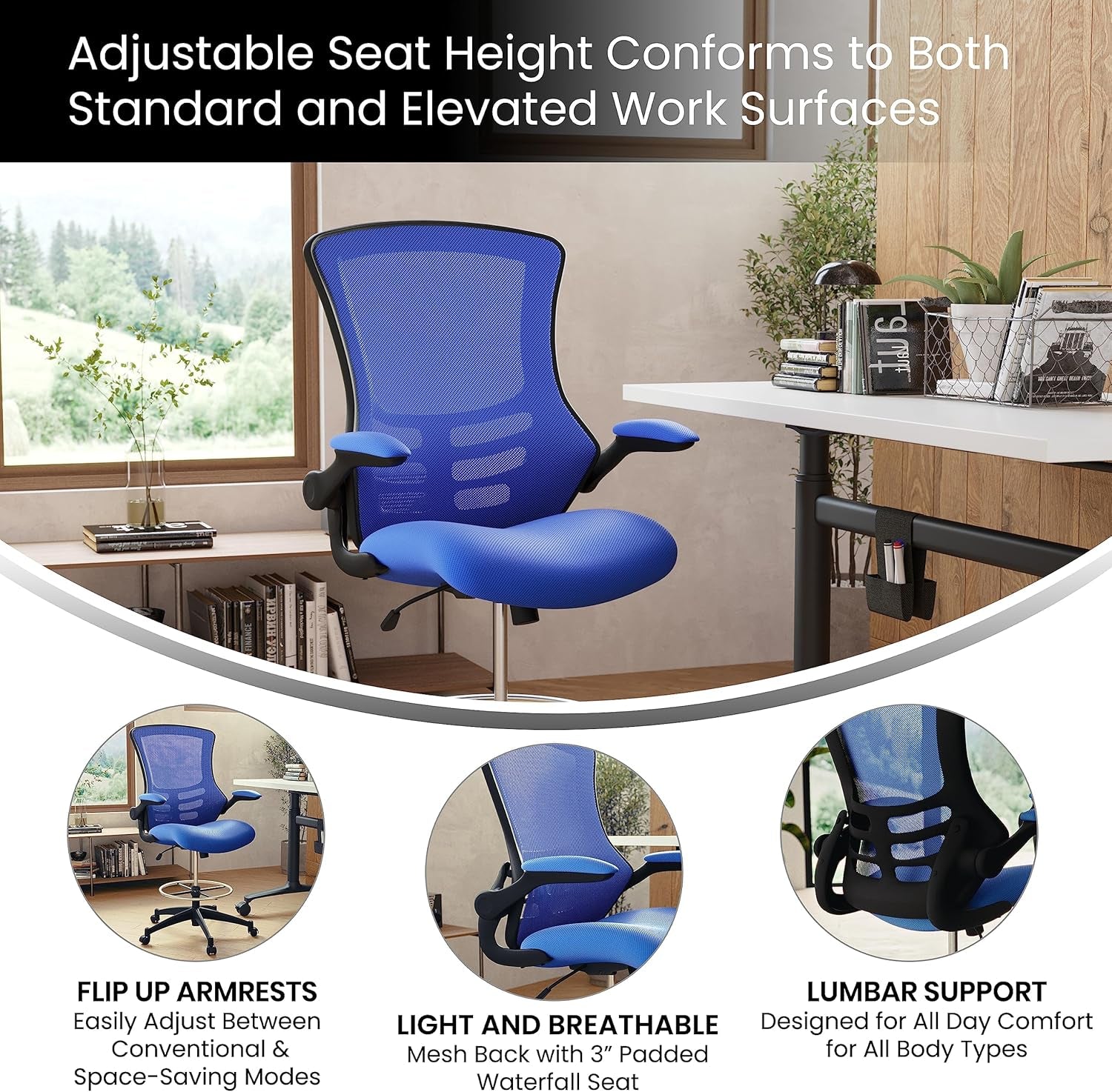 Kelista Mid-Back Swivel Office Chair with Adjustable Seat Height, Ergonomic Mesh Desk Chair with Flip-Up Armrests, Blue-3