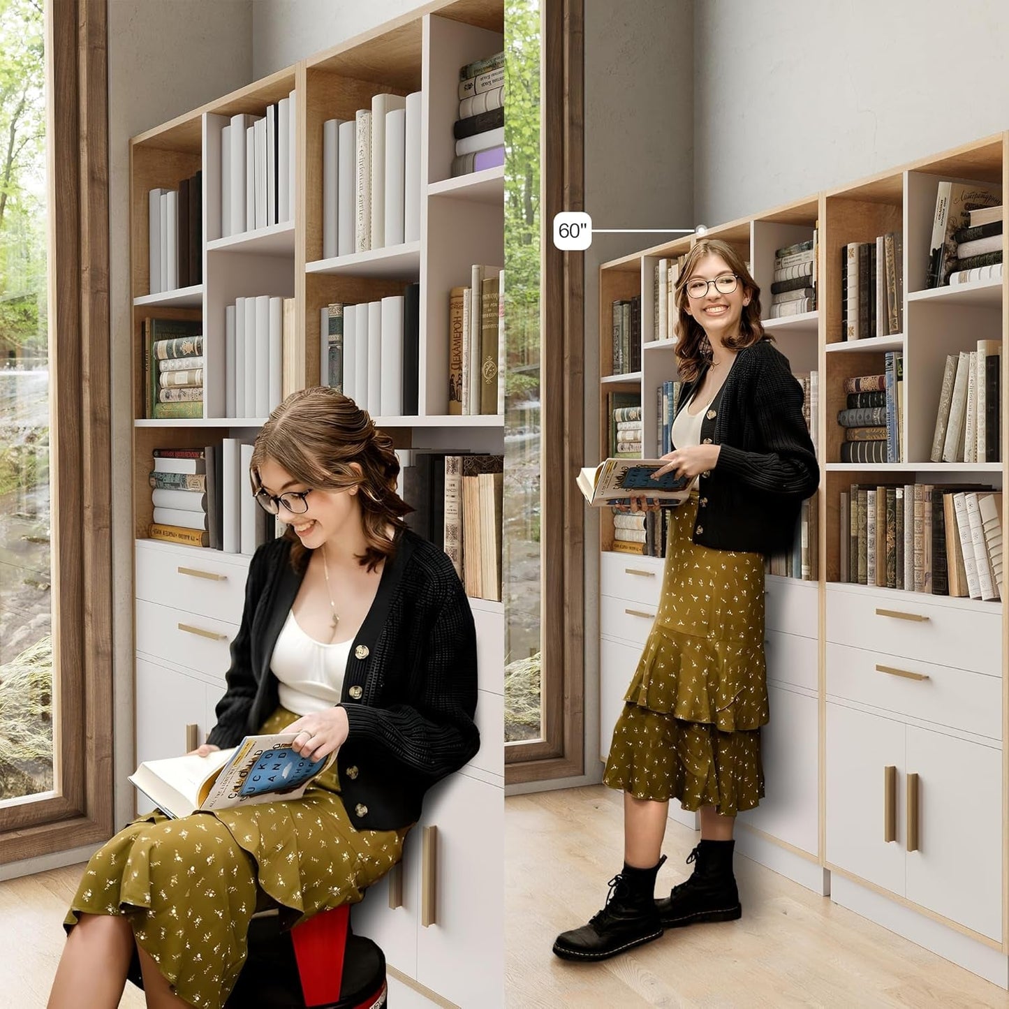 Book Shelf with Storage, Tall Bookshelf with 2 Drawers and Doors, Modern Bookcase with 5 Open Cubes, Wooden Bookshelf for Home and Office, Living Room, Study, Light Walnut-4