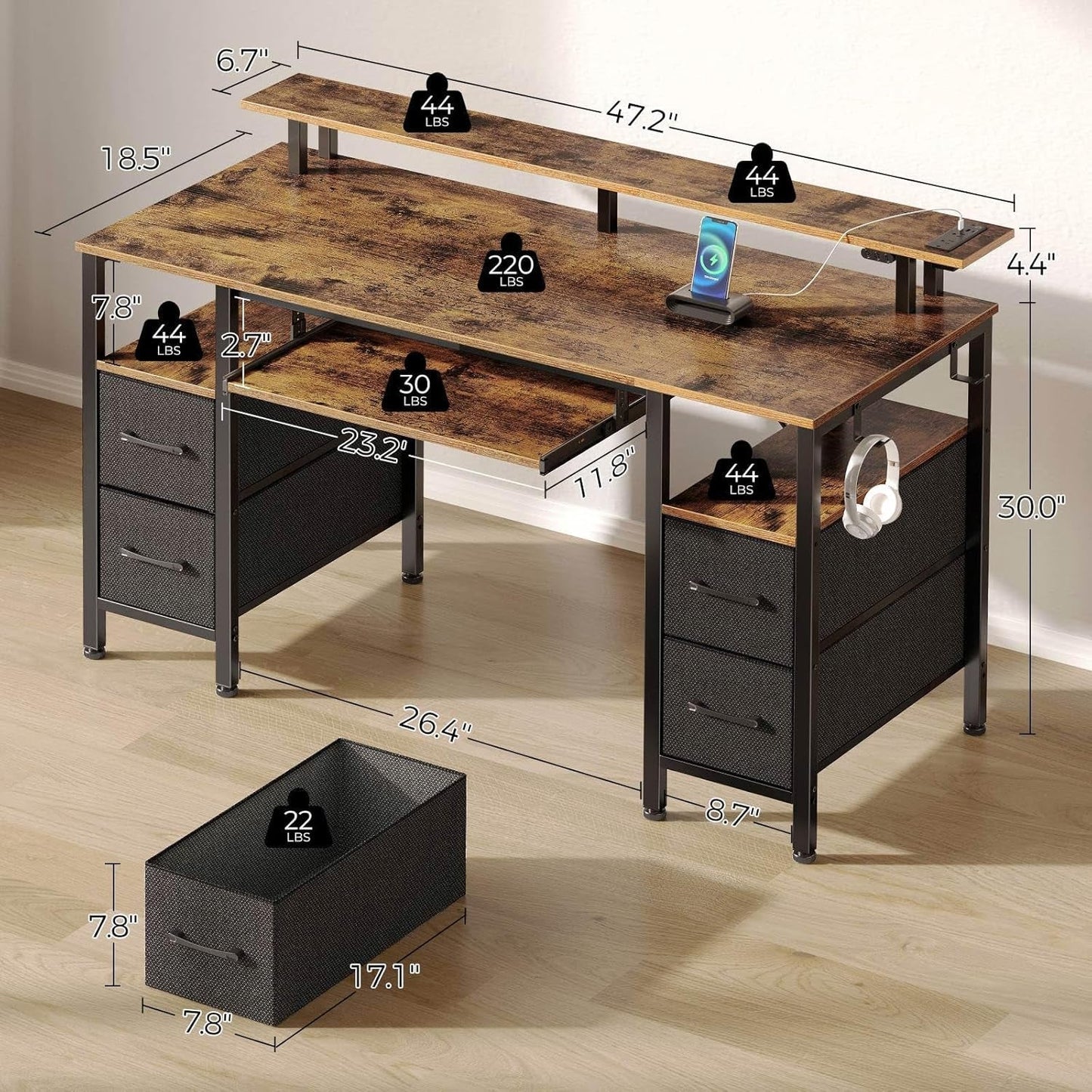 Computer Desk 47.2" with LED Lights & Power Outlets, Home Office Desk with 4 Drawers, Writing Desk with Keyboard Tray, Study Desk with Monitor Stand, Work Desk for Home Office, Rustic Brown-2