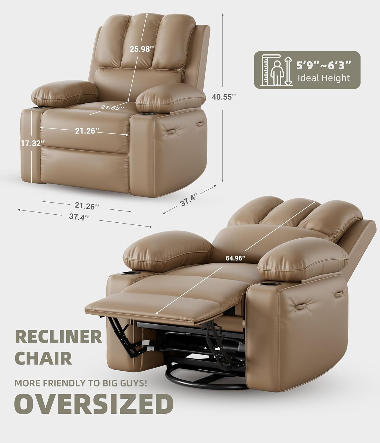 Oversized Electric Recliner Chair - 360° Rocker Swivel Recliner with Heat and Massage, PU Leather Large Recliner for Adults, Comfortable Lazy with 1.5X Sponge Filling for Living Room-2