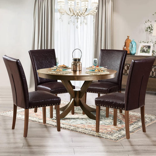 Parsons Dining Chairs Set of 4, Upholstered Nailhead PU Leather Dining Room Kitchen Side Chair with Thick Cushions and Wood Legs, Dark Brown-0