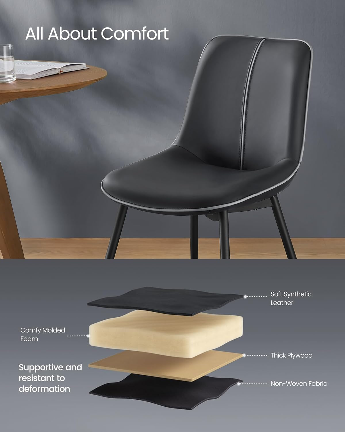 Leather Dining Chairs Set of 2, Comfortable Upholstered Seat Dining Room Chairs with Swivel Leveling Feet, Curved Backrest Kitchen Chair for Living, Restaurant, Easy Assemble, Ink Black-4