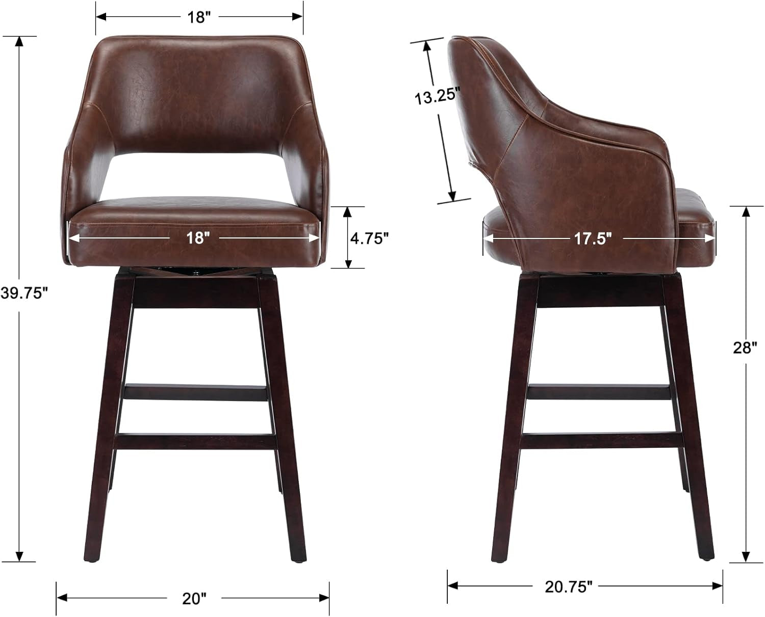 28" PU Leather Counter Height Bar Stool Swivel Farmhouse Bar Stool with Wood Legs Open Back Footrest for Kitchen Island, Brown-2