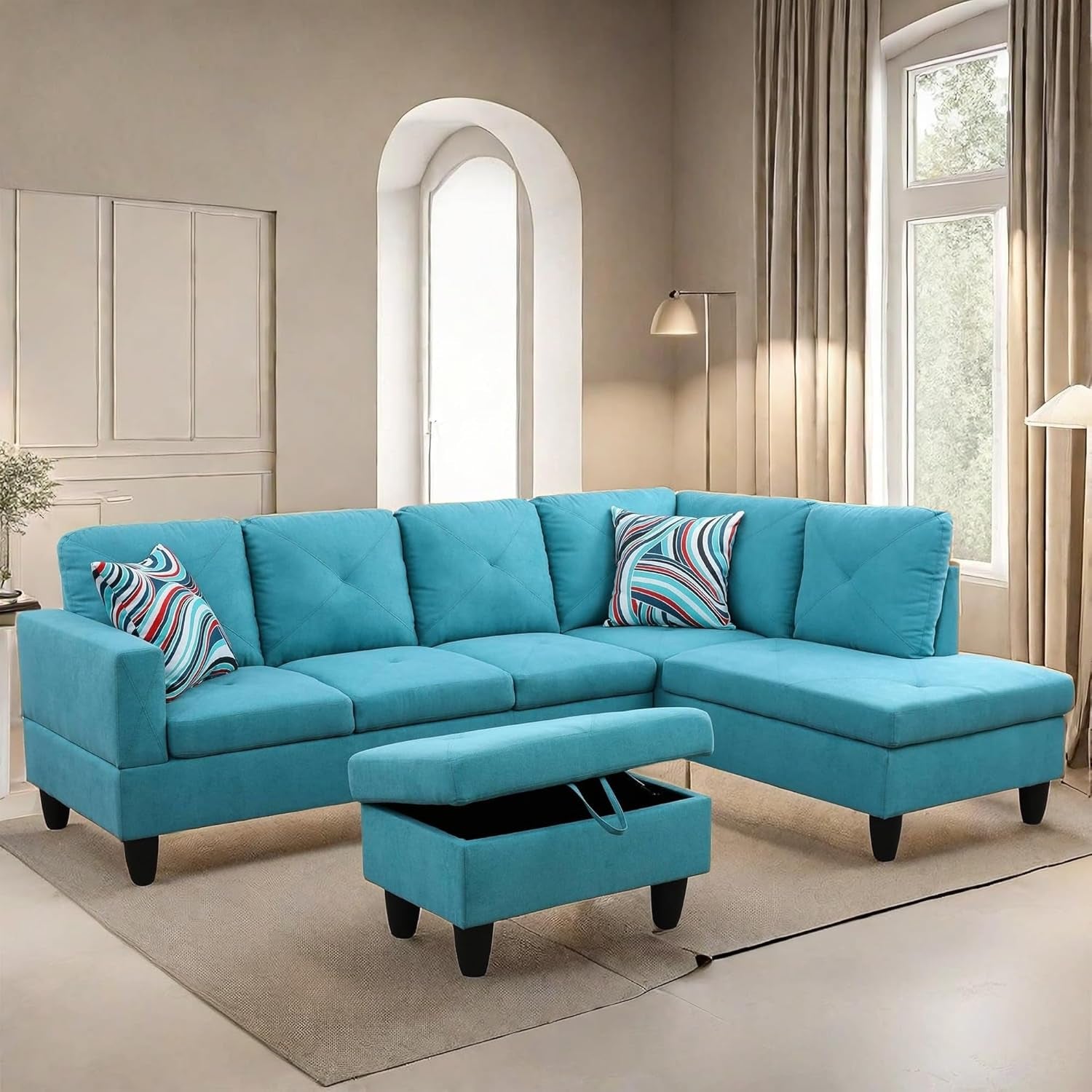 L Shaped Sectional Couches, Modern Convertible Lounge Sofa with Ottoman Storage, Comfy Modular Sectional Sofa for Living Room Furniture Sets, Small Spaces, Bedroom, Blue-0