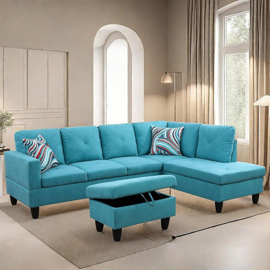 L Shaped Sectional Couches, Modern Convertible Lounge Sofa with Ottoman Storage, Comfy Modular Sectional Sofa for Living Room Furniture Sets, Small Spaces, Bedroom, Blue-0