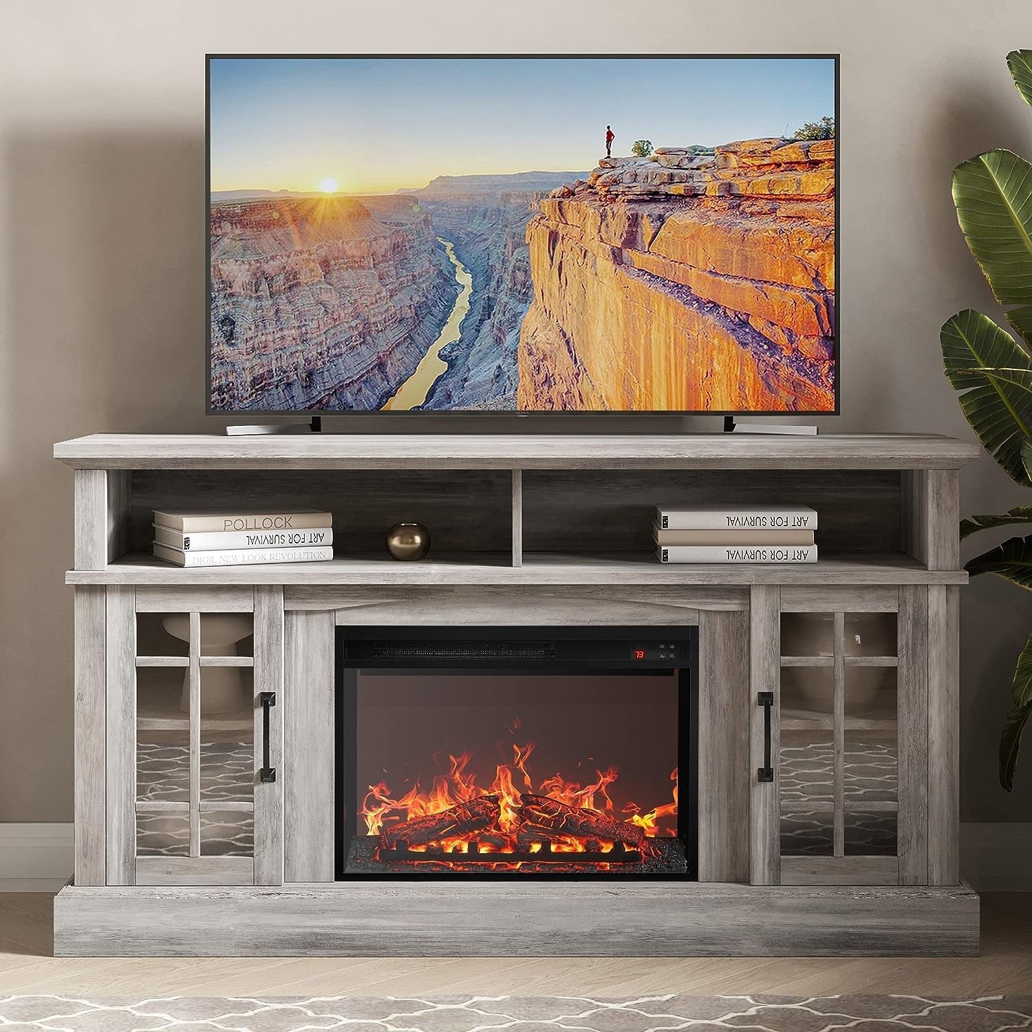 Traditional 58" Rustic TV Stand with 23" Electric Fireplace Heater with Sound, Media Entertainment Center Console Table for TV up to 65" with Open Storage Shelves and Cabinets - Grey Wash-0