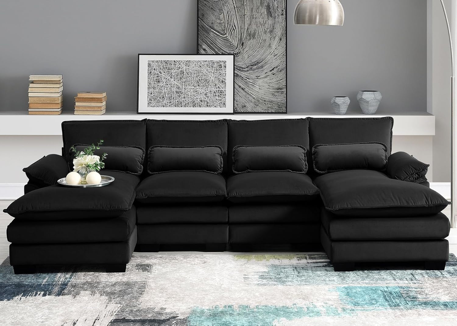 110" Modular Sectional Couches with Waist Pillows, 6-Seat U-Shaped Upholstered Sleeper Sofa Bed Chaise Lounge for Living Room Furniture, Large, Black-0