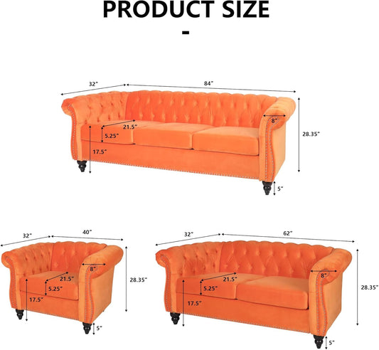 3 Pieces Living Room Furniture Sofa Set, Orange, Chesterfield Style, Velvet Upholstery, Nailhead Trim, Scrolled Arms, 1 Loveseat, 1 Club Chair, 1 Sofa-1